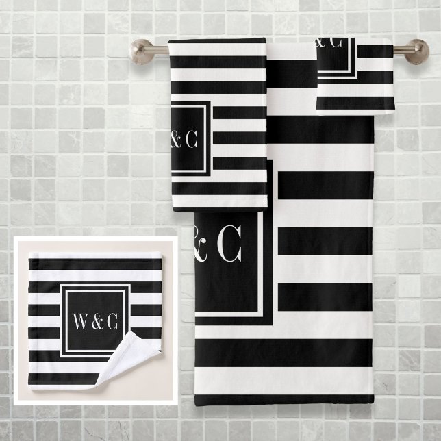 Conjunto De Toalhas Monograma preto-branco Elegante (Elegant Black White Stripe Monogram Bath Towel Set)