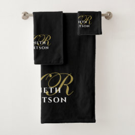 Conjunto De Toalhas Monograma Preto Dourado Branco Minimalista Elegant
