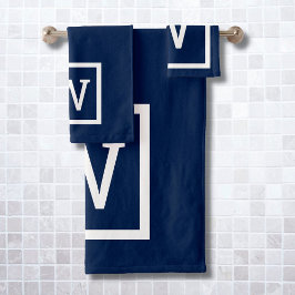 Conjunto De Toalhas Monograma Quadrado Azul Marinho Moderno