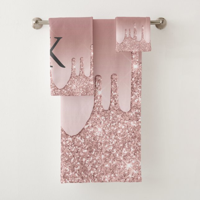 Conjunto De Toalhas Monograma Rosa Dourado Brilho Gotejante na Moda (Insitu)