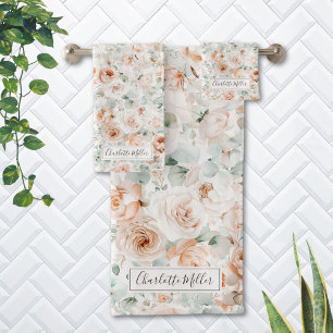 Conjunto De Toalhas Monograma Rosa Folhas de Eucalipto Verdejante Flor
