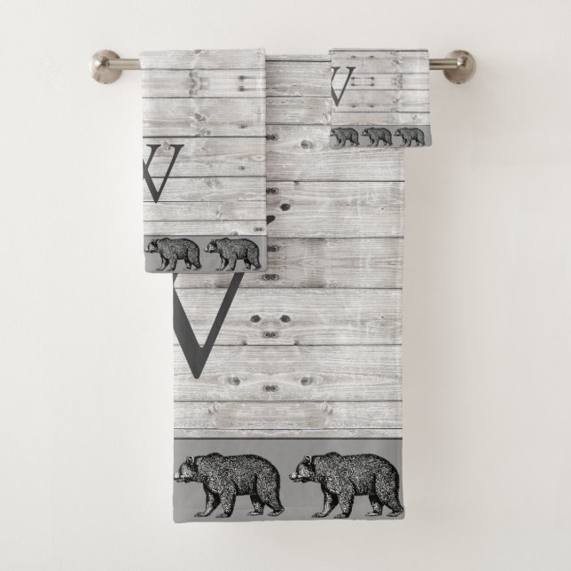 Conjunto De Toalhas Monograma Rustic Wood Walking Bear (Insitu)