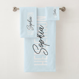 Conjunto De Toalhas Monograma Script Assinatura Pastel Azul