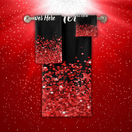 Conjunto De Toalhas Monograma - Texto branco a preto com brilho vermel