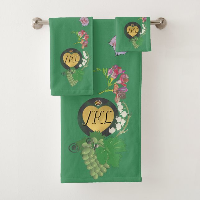 Conjunto De Toalhas Monograma Verde Frutas e Florais (Insitu)