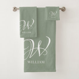 Conjunto De Toalhas Monograma Verde Personalizado Elegante Inicial