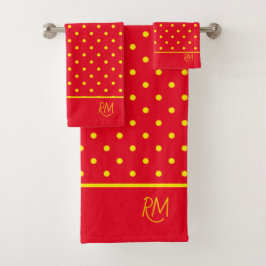 Conjunto De Toalhas Monograma Vermelho Com Bolinhas Amarelas 
