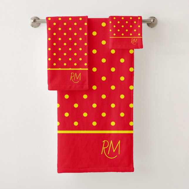 Conjunto De Toalhas Monograma Vermelho Com Bolinhas Amarelas  (Insitu)