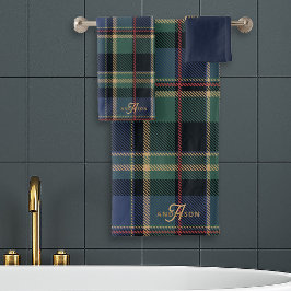 Conjunto De Toalhas Monograma Xadrez Azul Marinho Verde ID1141B