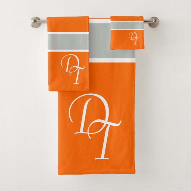 Conjunto De Toalhas Monogramas - laranja neon - faixas cinzas negrito  (Insitu)