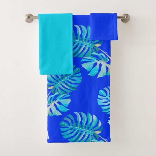 Conjunto De Toalhas Monstera Brisa Azul Cobalto (Insitu)