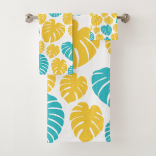 Conjunto De Toalhas Monstera deixa em turquesa, amarelo e branco