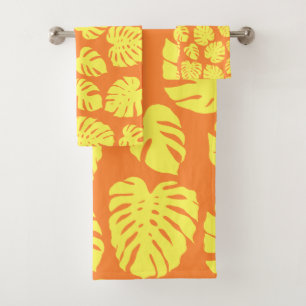 Conjunto De Toalhas Monstera Leaf Plant Botanic em Amarelo e Laranja