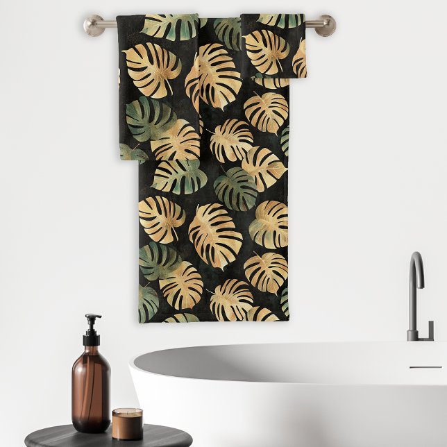 Conjunto De Toalhas Monstera Tropical Deixa o padrão verde verde preto (Criador carregado)