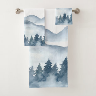 Conjunto De Toalhas Montanhas Azuis em Aquarela Árvores