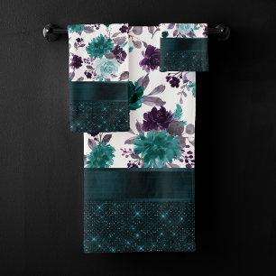 Conjunto De Toalhas Moody Boho Turquoise Teal Dark Floral Shimmer