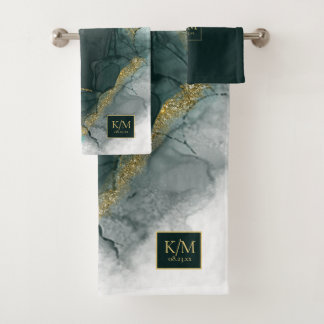 Conjunto De Toalhas Moody Ink Emerald Dourado Abstrato ID988