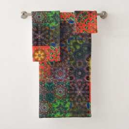 Conjunto De Toalhas Mosaico caleidoscópio verde e coral envelhecido