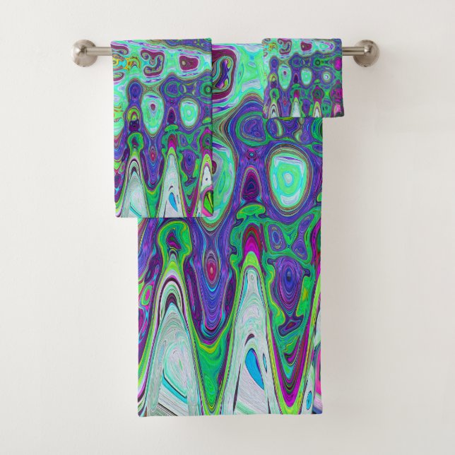 Conjunto De Toalhas Mosaico Retro Abstrato Verde e Roxo Ondulado (Insitu)