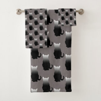CONJUNTO DE TOALHAS MOTIF GRADIENTE DE GATO PRETO E BRANCO NA CINZA DE