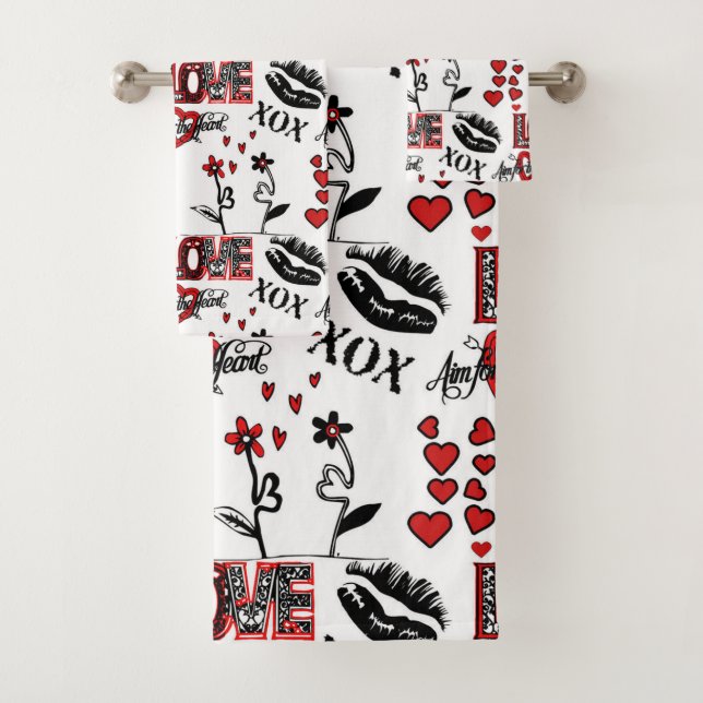 Conjunto De Toalhas Motivo de São Valentim Preto e Branco Vermelho (Insitu)