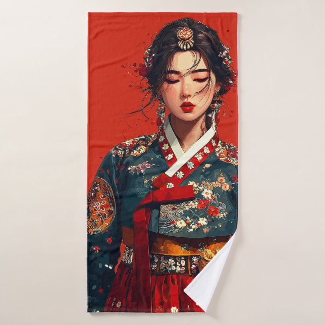 Conjunto De Toalhas Mulher Coreana Moderna em Retrato de Hanbok  (Toalha de Banho)