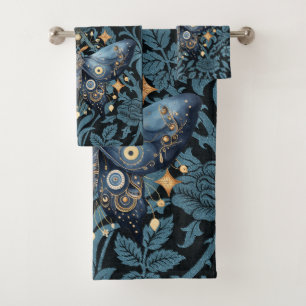Conjunto De Toalhas Mystical Watercolor Blue e Dourada Night Moth