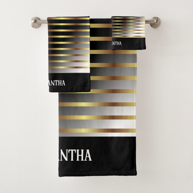 Conjunto De Toalhas Na moda Black Dourado E White Geométrico Stripes (Insitu)