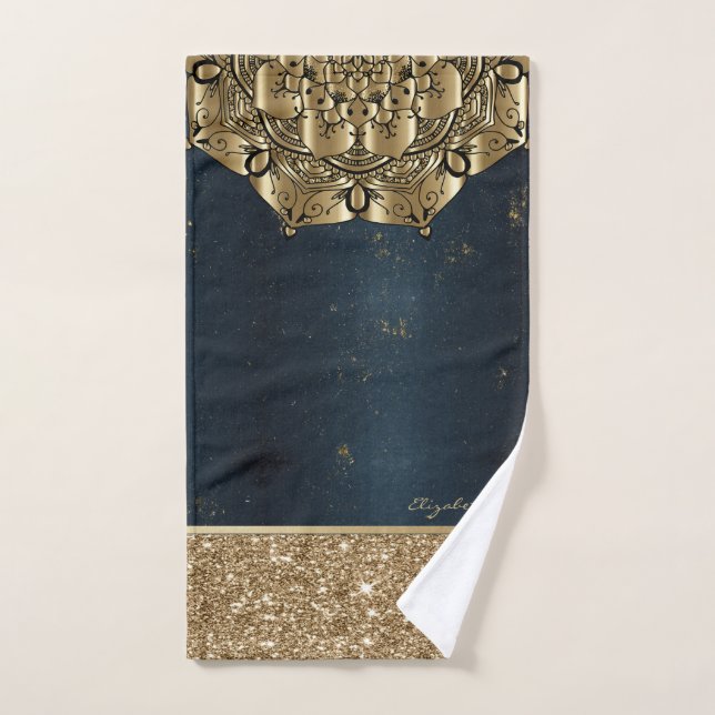 Conjunto De Toalhas Na moda Mandala,Dourado Strips Marinho Azul (Toalha de mão)