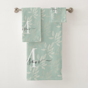 Conjunto De Toalhas Na moda Monograma Teal Botânica Deixa Feminina