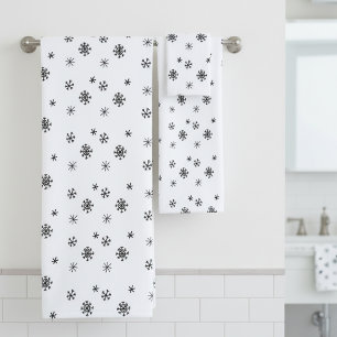 Conjunto De Toalhas Natal Floco de Neve Minimalista Preto e Branco
