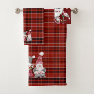 Conjunto De Toalhas Natal Gnomo Red Xadrez Amor Joy Cinza Paz