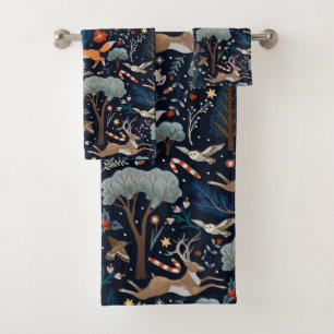 Conjunto De Toalhas Natal Rústico em Aquarela com Animais da Floresta