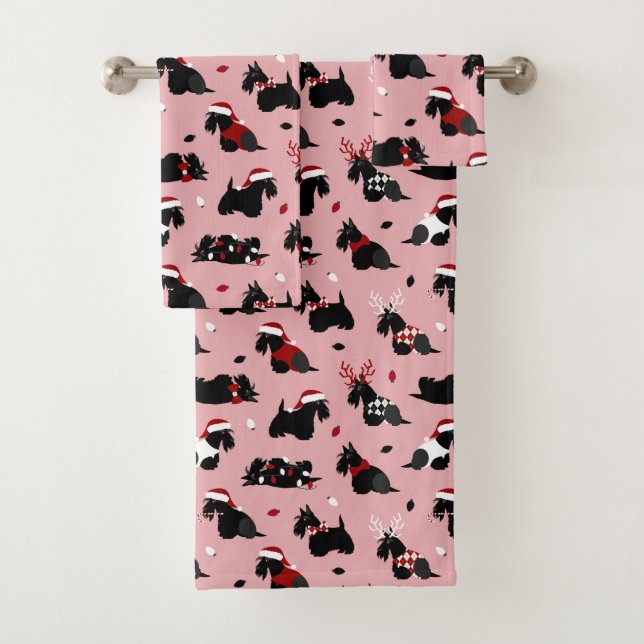 Conjunto De Toalhas Natal Scottish Terrier Pink (Insitu)