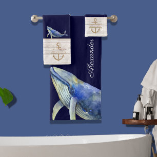 Conjunto De Toalhas Náutica Azul Baleia Aquarela Nome Branco Madeira