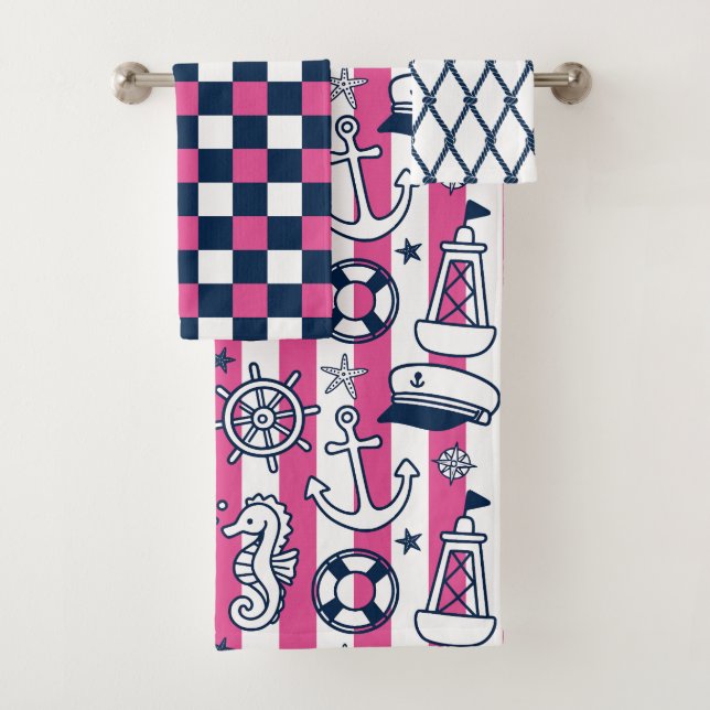 Conjunto De Toalhas Nautical Doodles – Hot Pink & Navy Coastal Stripe (Insitu)