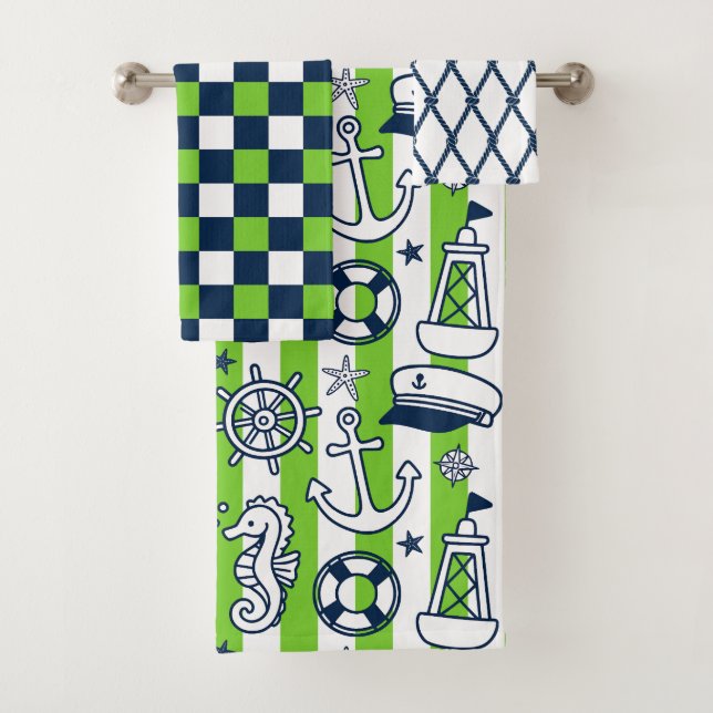 Conjunto De Toalhas Nautical Doodles – Lime & Navy Coastal Stripe (Insitu)