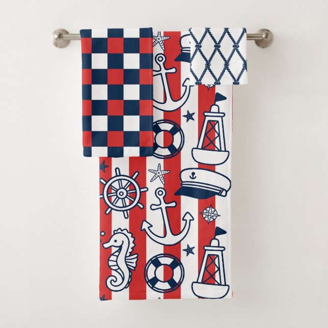 Conjunto De Toalhas Nautical Doodles – Listra Costeira Vermelha e Azul (Insitu)