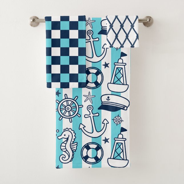 Conjunto De Toalhas Nautical Doodles – Turquoise & Navy Coastal Stripe (Insitu)