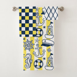 Conjunto De Toalhas Nautical Doodles – Yellow & Navy Coastal Stripe