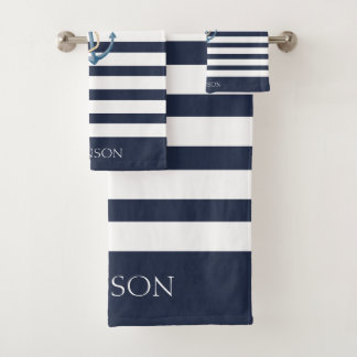 Conjunto De Toalhas Nautical Navy Blue White Striped Anchor