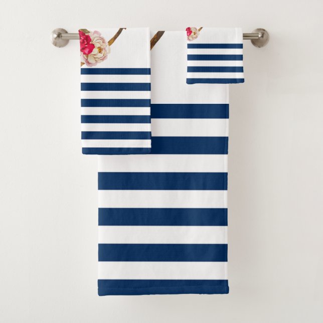 Conjunto De Toalhas Náutico, Flores de Âncora Azul Marinho Listras Bra (Insitu)