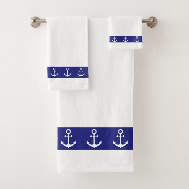 Conjunto De Toalhas Náutico Simples, Elegante, Âncoras em Azul e Branc (Insitu)