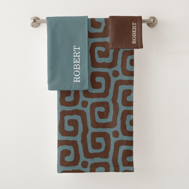 Conjunto De Toalhas Navy Blue &Brown Abstract Pattern Monogram name (Insitu)