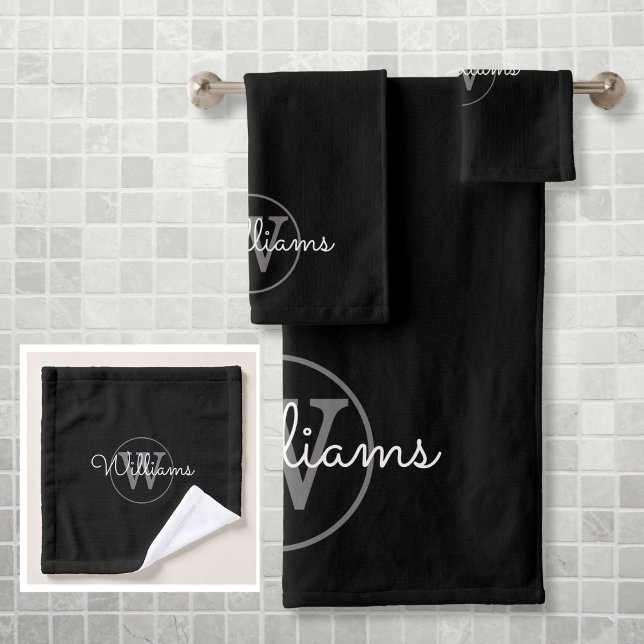 Conjunto De Toalhas Negra Elegante de Monograma de Cinza Moderna (Modern Gray Monogram Elegant Black Bath Towel Set)