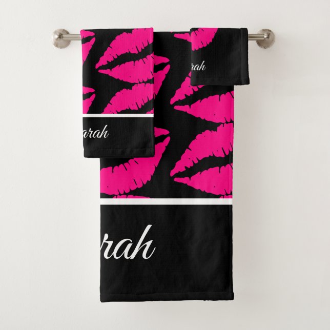 Conjunto De Toalhas Negra Menina Rosa Lipstick Monograma Nome Banheiro (Insitu)
