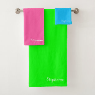 Conjunto De Toalhas Neon Verde Rosa Azul Nome Retro Elegante Monograma