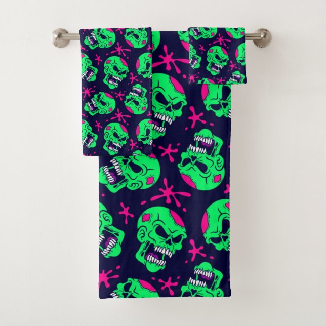 Conjunto De Toalhas Neon Zombie Skulls (Insitu)