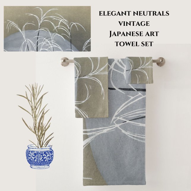 Conjunto De Toalhas Neutrais Elegantes Arte Japonesa Moderna Minimalis (Vintage Asian art graces these elegant neutral tones towels. Purchase individually, or as a set.)