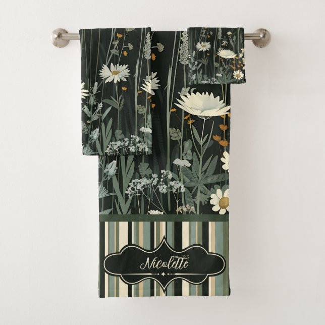 Conjunto De Toalhas Nicolette Dark Daisy Floral Striped (Insitu)